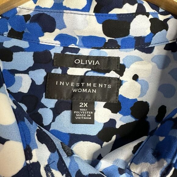 INVESTMENTS OLIVIA Blue Confetti Dot Roll Tab SLV Easy Care Tunic Blouse Plus 2X - Picture 3 of 5